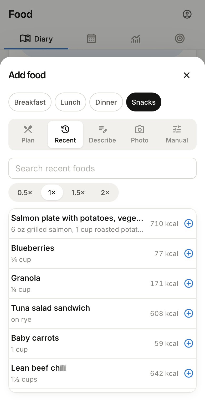 The Add food sheet with its Plan, Recent, Describe, Photo and Manual tabs