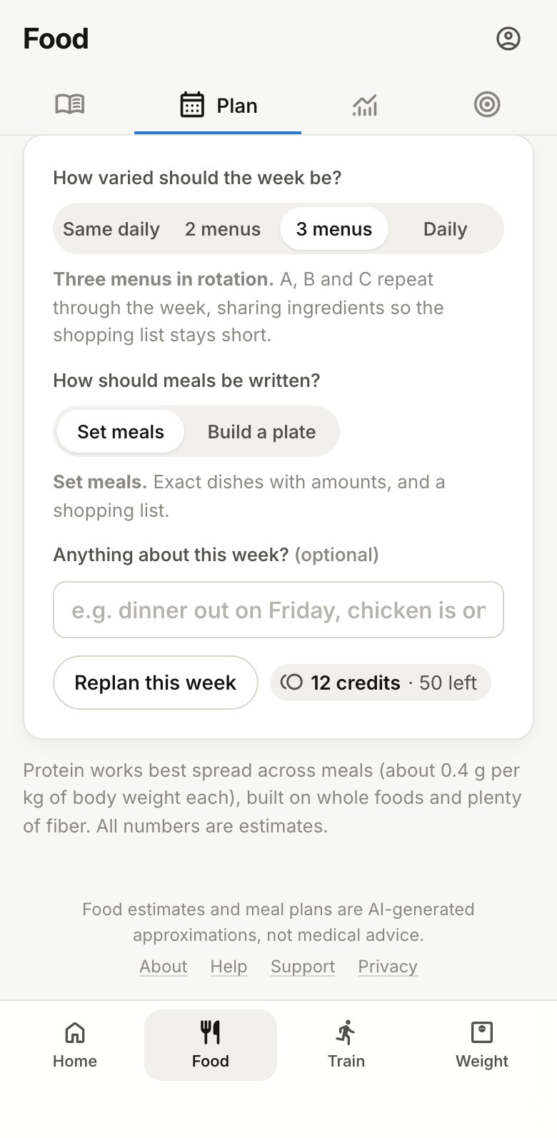 The planning form: how varied the week is, set meals or plates, and a note for the week