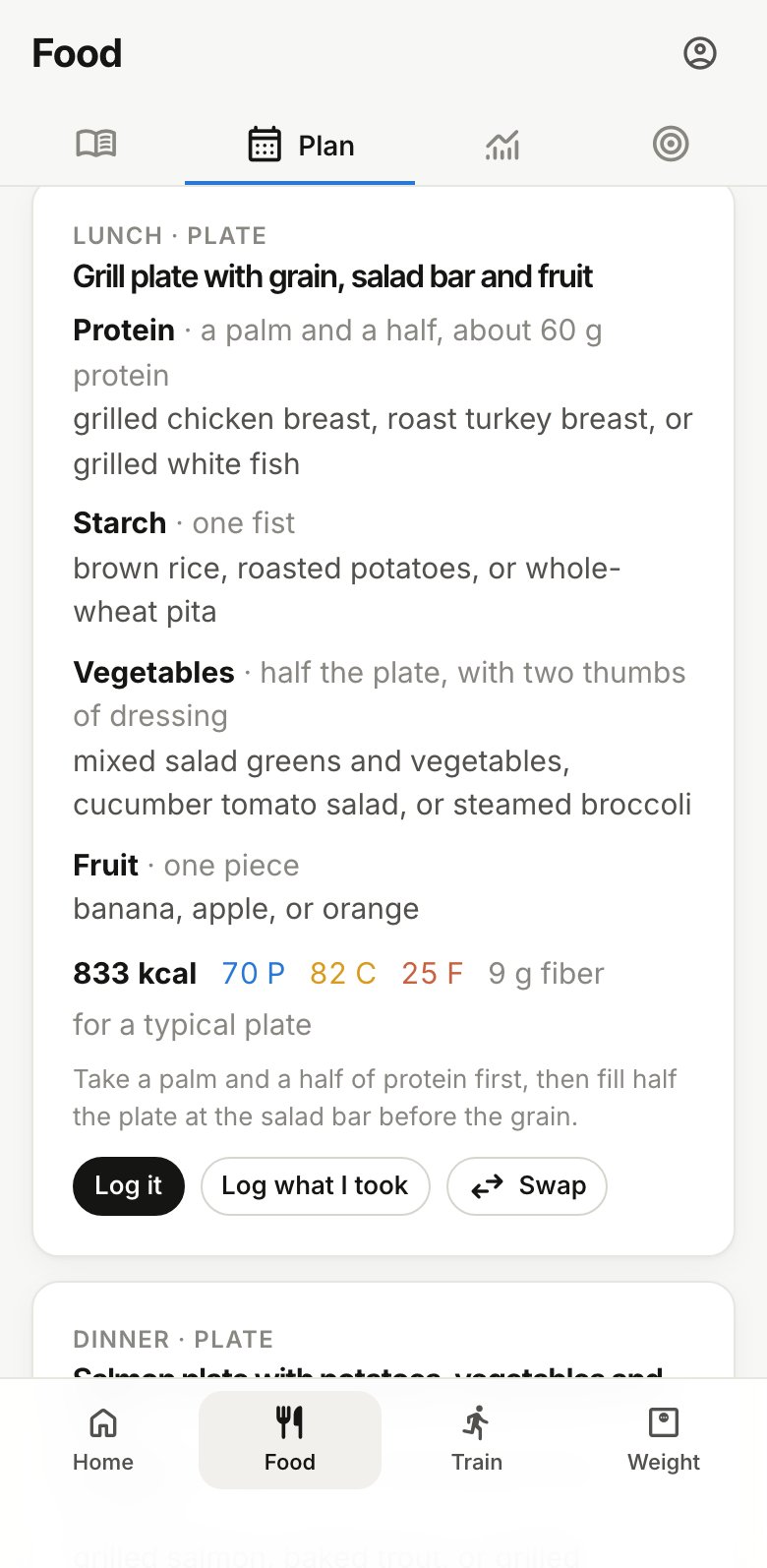 A lunch plate: protein, starch, vegetables and fruit, each with a portion and a few picks