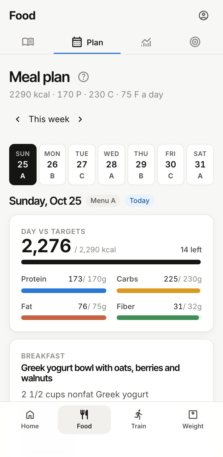 A planned week: the day strip with menu letters, and the day's meals against targets