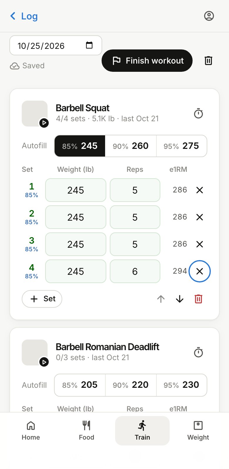 A session with the first exercise's weights filled at 85% and the reps logged