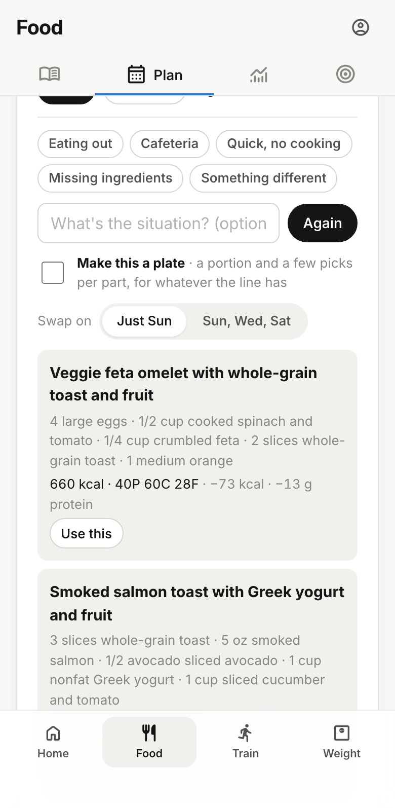 The swap panel with situation chips and other options for the meal