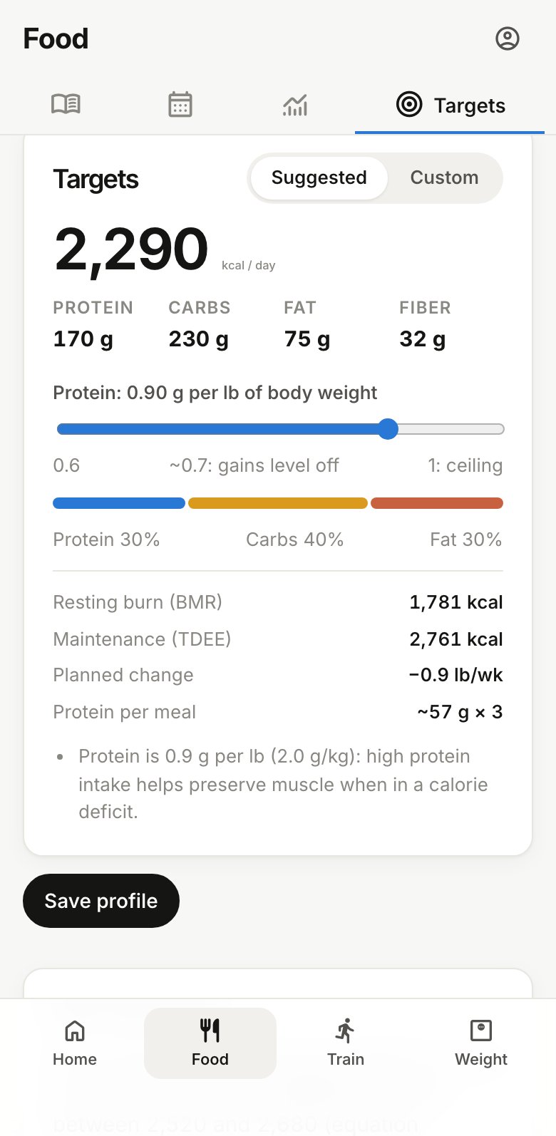 Suggested daily targets: calories, protein, carbs, fat and fiber, with the protein slider