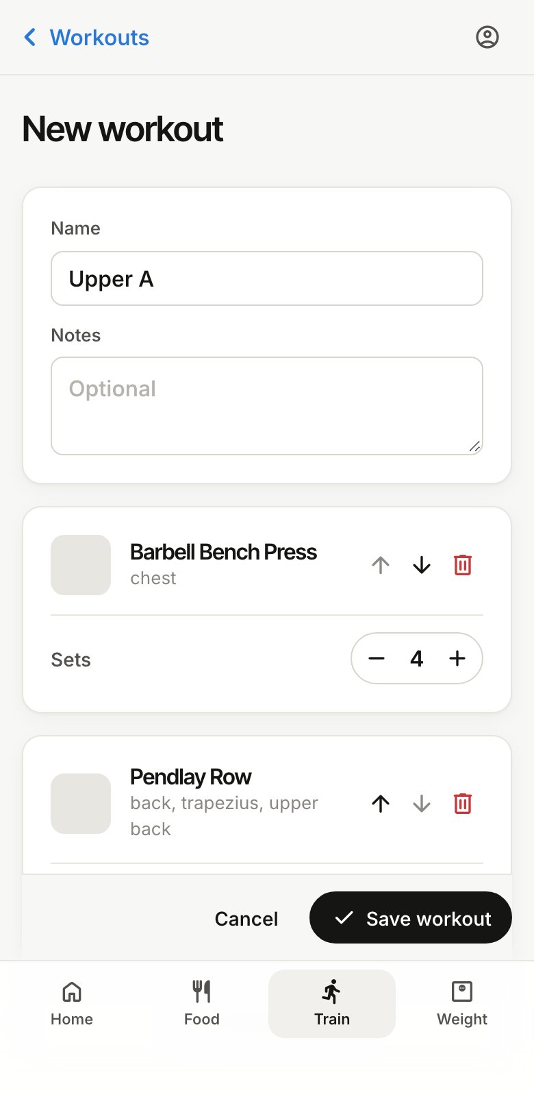 A new workout named Upper A with two exercises and their set counts